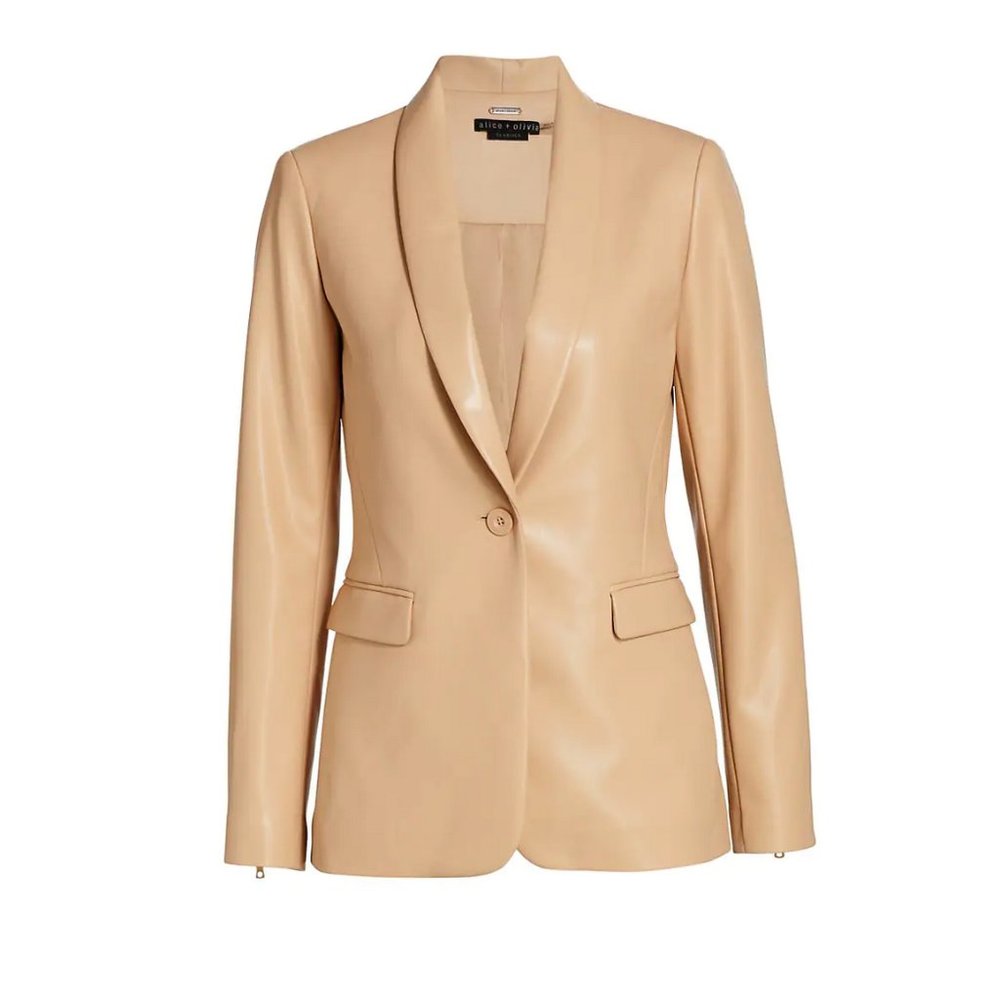 Alice + Olivia NWT Leather (faux) Jacket Blazer Size 12 Camel (almond) Macey